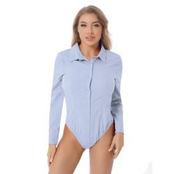 CHICTRY Damen Bodybluse Tailliert Langarm Bluse Hemdbluse Blusenbody Elagant Reverskragen Hemd Button Down Slim Fit Business Büro Bodysuit Stretch X Hellblau L von CHICTRY