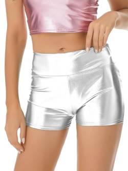 CHICTRY Damen Metallic Hotpants Glänzende Shorts mit hoher Taille Eng Anliegende Kurze Hose für Tanz Sport Disco Fasching Karneval Kostüm Silber A M von CHICTRY