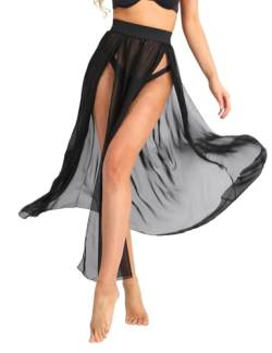 CHICTRY Damen Pareos Bikini Cover up Chiffon Strandkleid Strandrock Maxirock Sommerrock Lange Tanzkleid Transparent Faltenrock mit Schlitz Gr. S-XL Schwarz M von CHICTRY