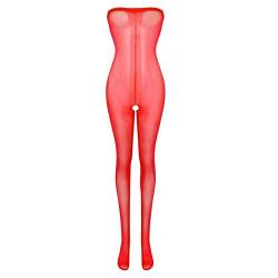 CHICTRY Damen Transparent Bodysuit Mesh Bodystocking Ouvert-Body Stretch Ganzkörper Strumpfhose Erotik Dessous Unterwäsche Gogo Clubwear Rot One Size von CHICTRY