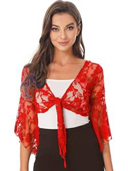 CHICTRY Damen Transparent Bolero Spitzen Jacke Festlich Kurz Blumenmuster Cardigan Kurzarm Jäckchen Zum Binden Vorne Für Hochzeit Cocktailkleid Rot A One Size von CHICTRY