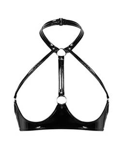 CHICTRY Damen Wetlook Leder Ouvert BH Offene Brüste Cups Nippelfrei Neckholder Straps Bra Strappy Bralette Bustier Busenfrei Rückenfrei Reizwäsche Schwarz L von CHICTRY