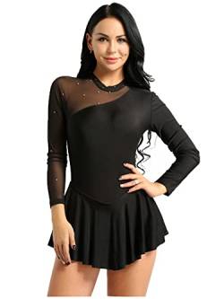 CHICTRY Eiskunstlauf Kleid Damen Glitzer Strass Langarm Ballettkleid Mesh Patchwork Trikot Turnanzug Mit Asymmetrisch Rock Tanzkleid Wettbewerb Kostüm Schwarz B L von CHICTRY