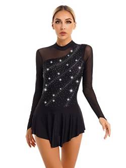 CHICTRY Eiskunstlauf Kleid Damen Glitzer Strass Langarm Ballettkleid Mesh Patchwork Trikot Turnanzug Mit Asymmetrisch Rock Tanzkleid Wettbewerb Kostüm Schwarz H L von CHICTRY