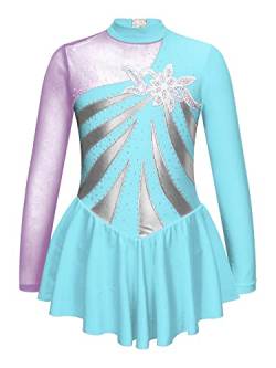 CHICTRY Eiskunstlauf Kleid Mädchen Langarm Patchwork Ballettkleid Glitzer Ballett Trikot Leotard Mit Wickelrock Ballettrock Wettbewerb Kostüm Bekleidung Himmelblau B 110-116 von CHICTRY