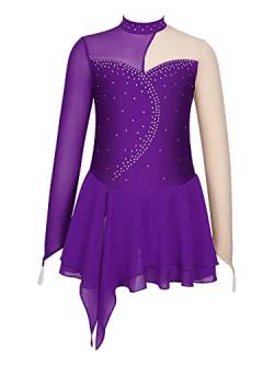 CHICTRY Eiskunstlauf Kleid Mädchen Langarm Patchwork Ballettkleid Glitzer Ballett Trikot Leotard Mit Wickelrock Ballettrock Wettbewerb Kostüm Bekleidung Violett 134-140 von CHICTRY