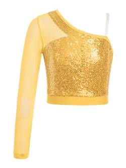 CHICTRY Glitzer Shirt Mädchen Pailletten Oberteil Mit EIN Ärmel Mesh Patchwork Tanz Top T-Shirt Bauchfrei Unterhemd Party Bühnenauftritt Performance Gold 146-152 von CHICTRY