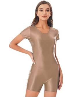 CHICTRY Glossy Body Mit Bein Damen Bauchweg Kurzarm Catsuit Sport Öl Glänzend Overall Jumpsuit Sommer Kurz Gogo Tanz Rave Outfits Coffee M von CHICTRY