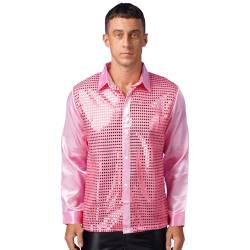 CHICTRY Herren Pailletten Hemd 70er Langarm Disco Party Kostüm Reverskragen Freizeithemd Langarm Männer Unterhemd Button Down Slim Fit Silvester Outfit D Rosa M von CHICTRY