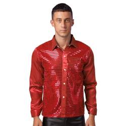 CHICTRY Herren Pailletten Hemd 70er Langarm Disco Party Kostüm Reverskragen Freizeithemd Langarm Männer Unterhemd Button Down Slim Fit Silvester Outfit D Rot L von CHICTRY