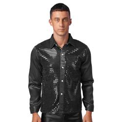 CHICTRY Herren Pailletten Hemd 70er Langarm Disco Party Kostüm Reverskragen Freizeithemd Langarm Männer Unterhemd Button Down Slim Fit Silvester Outfit D Schwarz M von CHICTRY