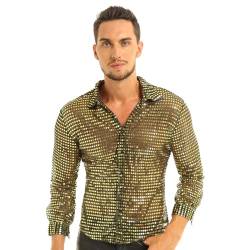 CHICTRY Herren Pailletten Hemd 70er Langarm Disco Party Kostüm Reverskragen Freizeithemd Langarm Männer Unterhemd Button Down Slim Fit Silvester Outfit Gold L von CHICTRY