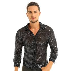 CHICTRY Herren Pailletten Hemd 70er Langarm Disco Party Kostüm Reverskragen Freizeithemd Langarm Männer Unterhemd Button Down Slim Fit Silvester Outfit Schwarz XL von CHICTRY