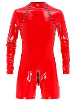 CHICTRY Herren Wetlook Body Einteiler Leder Latex Unterwäsche Männer Overall Mit Bein Kurzarm Bodysuit Slim Fit Kurz Hose mit Mesh Spleiß Rot A 3XL von CHICTRY