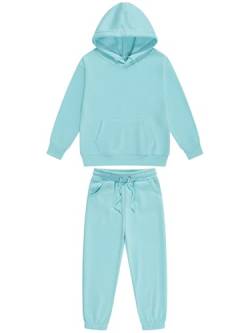 CHICTRY Jogginganzug Mit Kapuze Kinder Junge Mädchen Sportbekleidung Langarm Kapuzenpullover Stretch Trainingshose Mit Kordelzug Sportswear Hellblau 128-134 von CHICTRY