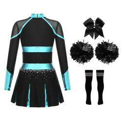 CHICTRY Kinder Mädchen Cheer Leader Kostüm Langarm Cheerleading Kleid Metallic Patchwork Tanzkleid Mit Schleife Stirnband Strümpfe Handblumen Tanzkostüm Blau Grün & Schwarz 170 von CHICTRY