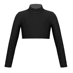 CHICTRY Langarm Rollkragen Shirt Mädchen Kurz Einfarbig Tanz Top Oberteil Bauchfrei Stretch Tunika Bluse Hemd F[r Ballett Gymnastik Sport Yoga Schwarz 152 von CHICTRY