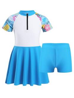 CHICTRY Mädchen Badekleid Kinder Badeanzug mit Rock Schwimmrock UV Schutz Badebekleidung Kurzarm Schwimmanzug Gr. 104 116 128 140 152 164 Blau B 134-140 von CHICTRY