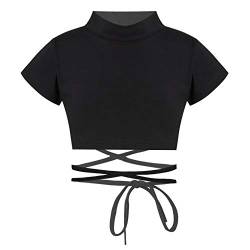 CHICTRY Mädchen Tops T-Shirt Crop Top Bauchfrei Oberteile Ballettkleidung mit Schnür Gymnastikanzug Tanz Top Sport Yoga Kleidung Gr. 98-164 A_Schwarz 110-116 von CHICTRY