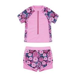 CHICTRY Mädchen Zweiteiliger Badeanzug Hawaii Blumen Kinder Schwimmanzug UV-Schutz 50+ Badeset Rash Guard Shirt Mit Badeshorts Kinder Swimsuit Rosa Blumen 122-128 von CHICTRY