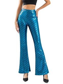 CHICTRY Meerjungfrau Kostüm Damen Hose Lang Metallic Leggings Glänzend High Waist Schlaghose Fischschuppen Tanzhose Palazzo Hose Fasching Karneval Kostüm Blau XL von CHICTRY