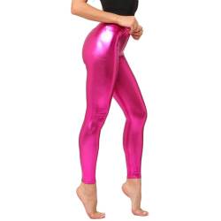CHICTRY Metallic Hose Damen Eng High Waist Strumpfhose Glänzend Party Disco Leggings Stretch Tanzhose Bleistifthose Hüfthose Holographic Festival Outfit Hot Pink One Size von CHICTRY