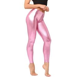 CHICTRY Metallic Hose Damen Eng High Waist Strumpfhose Glänzend Party Disco Leggings Stretch Tanzhose Bleistifthose Hüfthose Holographic Festival Outfit Rosa One Size von CHICTRY