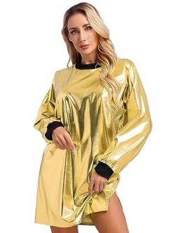 CHICTRY Metallic Kleid Damen Langarm Holographic Top Oversize Glänzend Rundhals Tshirt Kleid Locker Slim Fit Tunika Bluse Mit Schlitz Party Clubwear Gold XXL von CHICTRY