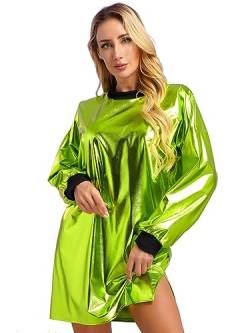 CHICTRY Metallic Kleid Damen Langarm Holographic Top Oversize Glänzend Rundhals Tshirt Kleid Locker Slim Fit Tunika Bluse Mit Schlitz Party Clubwear Grün XL von CHICTRY