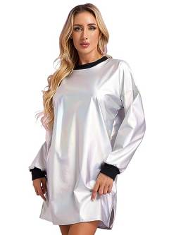 CHICTRY Metallic Kleid Damen Langarm Holographic Top Oversize Glänzend Rundhals Tshirt Kleid Locker Slim Fit Tunika Bluse Mit Schlitz Party Clubwear Holografisches Silber M von CHICTRY