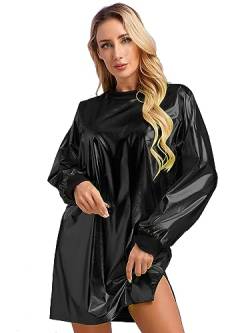 CHICTRY Metallic Kleid Damen Langarm Holographic Top Oversize Glänzend Rundhals Tshirt Kleid Locker Slim Fit Tunika Bluse Mit Schlitz Party Clubwear Schwarz L von CHICTRY