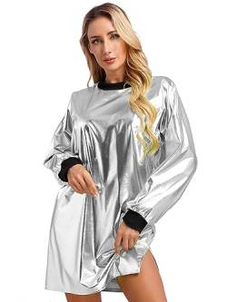 CHICTRY Metallic Kleid Damen Langarm Holographic Top Oversize Glänzend Rundhals Tshirt Kleid Locker Slim Fit Tunika Bluse Mit Schlitz Party Clubwear Silber M von CHICTRY