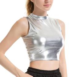 CHICTRY Metallic Mock Neck Pullover mit Stehkragen Damen Crop Top Ärmellos Metallic Glänzend T-Shirt bauchfrei Unterhemd Clubwear A_Silbver B S von CHICTRY