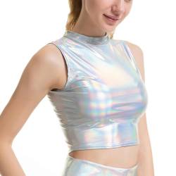 CHICTRY Metallic Mock Neck Pullover mit Stehkragen Damen Crop Top Ärmellos Metallic Glänzend T-Shirt bauchfrei Unterhemd Clubwear A_Silbver C S von CHICTRY