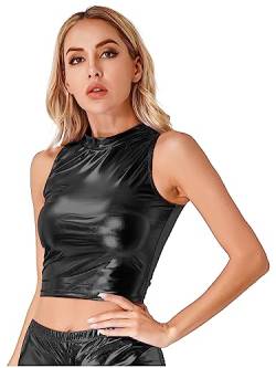 CHICTRY Metallic Mock Neck Pullover mit Stehkragen Damen Crop Top Ärmellos Metallic Glänzend T-Shirt bauchfrei Unterhemd Clubwear B_Schwarz Weste XL von CHICTRY