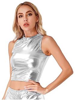 CHICTRY Metallic Mock Neck Pullover mit Stehkragen Damen Crop Top Ärmellos Metallic Glänzend T-Shirt bauchfrei Unterhemd Clubwear B_Silber Weste M von CHICTRY