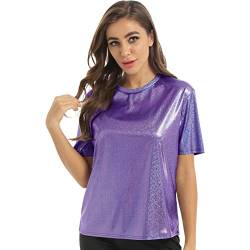 CHICTRY Metallic Shirt Damen Sexy Kurzarm Party Oberteil Glitzer Rundhals Tunika Blusen Stretch Hemd Holografisches Rave Outfit X Lila XXL von CHICTRY