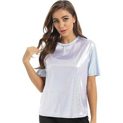 CHICTRY Metallic Shirt Damen Sexy Kurzarm Party Oberteil Glitzer Rundhals Tunika Blusen Stretch Hemd Holografisches Rave Outfit X Weiß S von CHICTRY