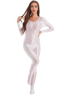 CHICTRY Nylon Body Damen Sexy Ganzkörper Strumpfhose Bodystocking Langarm Overall Jumpsuit Öl Glänzend Gogo Tanz Rave Outfits Weiß XL von CHICTRY
