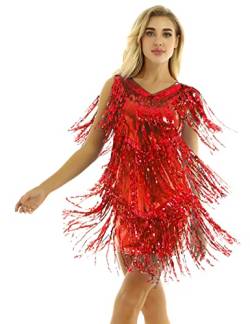 CHICTRY Pailletten Kleid Damen Flapper Kostüm 20er Jahre Fransen Quaste Tanzkleid Latein Salsa Cha Cha Ärmellos Partykleid Abschlussball Kleid Mit V-Ausschnitt Rot M von CHICTRY