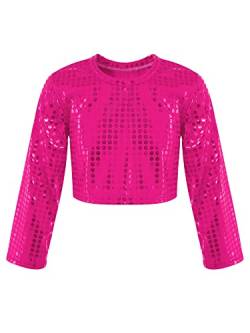 CHICTRY Pailletten Shirt Kinder Mädchen Langarm/Kurzarm Glitzer Oberteil Kurz Tanz Top Bauchfrei T-Shirt Fasching Karneval Bekleidung A_Hot Pink 122-128 von CHICTRY