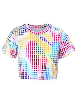 CHICTRY Pailletten Shirt Kinder Mädchen Langarm/Kurzarm Glitzer Oberteil Kurz Tanz Top Bauchfrei T-Shirt Fasching Karneval Bekleidung B_Colorful 122-128 von CHICTRY