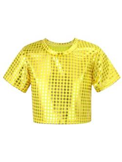 CHICTRY Pailletten Shirt Kinder Mädchen Langarm/Kurzarm Glitzer Oberteil Kurz Tanz Top Bauchfrei T-Shirt Fasching Karneval Bekleidung B_Gold 122-128 von CHICTRY