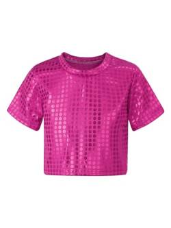 CHICTRY Pailletten Shirt Kinder Mädchen Langarm/Kurzarm Glitzer Oberteil Kurz Tanz Top Bauchfrei T-Shirt Fasching Karneval Bekleidung B_Hot Pink 122-128 von CHICTRY