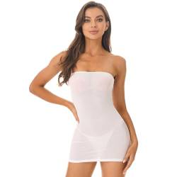 CHICTRY Transparent Bandeau Kleid Damen Kurz Bodycon Minikleid Sexy Partykleider Stretch Miederkleid Trägerlos Teddy Unterwäsche Dessous Reizvoll Weiß Einheitsgröße von CHICTRY