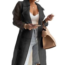 CHICTRY Transparent Cardigan Jacke Damen Lang Reverskragen Hemdjacke Sommer Leicht Mesh Organza Jacke Mantel Mit Knöpfe Urlaubskleidung Schwarz L von CHICTRY