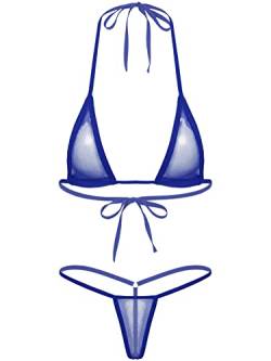 CHICTRY Transparenter Damen Bikini Sets aus Netz Triangel Bikinis Frauen Schwimmanzug Badeanzug Lingerie Babydoll BH und Micro String Blau B OneSize von CHICTRY