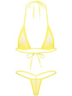 CHICTRY Transparenter Damen Bikini Sets aus Netz Triangel Bikinis Frauen Schwimmanzug Badeanzug Lingerie Babydoll BH und Micro String Gelb B OneSize von CHICTRY