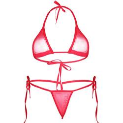 CHICTRY Transparenter Damen Bikini Sets aus Netz Triangel Bikinis Frauen Schwimmanzug Badeanzug Lingerie Babydoll BH und Micro String Rot One Size von CHICTRY