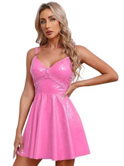 CHICTRY Wetlook Damen Minikleid PU Leder-Lack Kleid Partykleid Reißverschluss Stretch Fetisch Party Dress Clubwear mit G-String C Rosa 5XL von CHICTRY